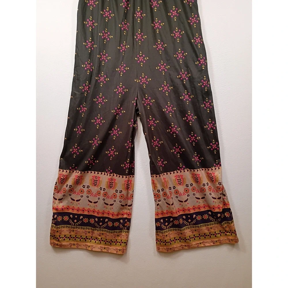 Boho Floral ANRABESS Women Large Black Wide Leg Adjustable Strap Jumpsuit